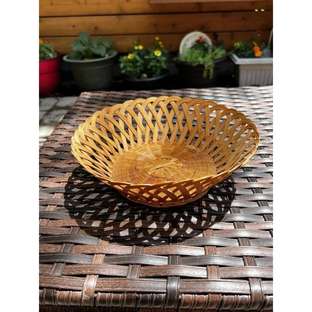 Vintage Boho Woven Wicker Bread Basket Round Open Weave Rattan 9